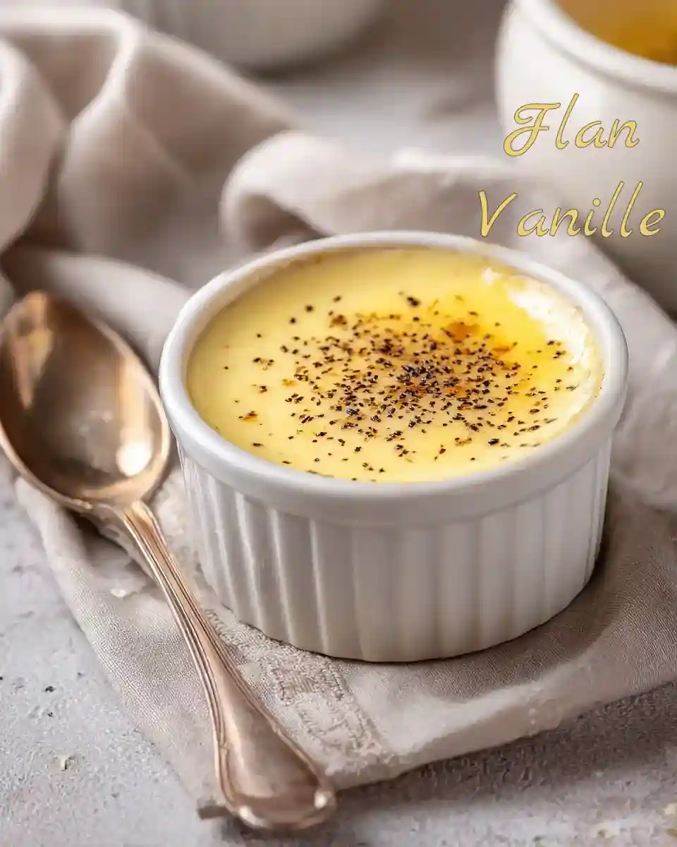 Flan vanille maison crémeux dans un ramequin blanc