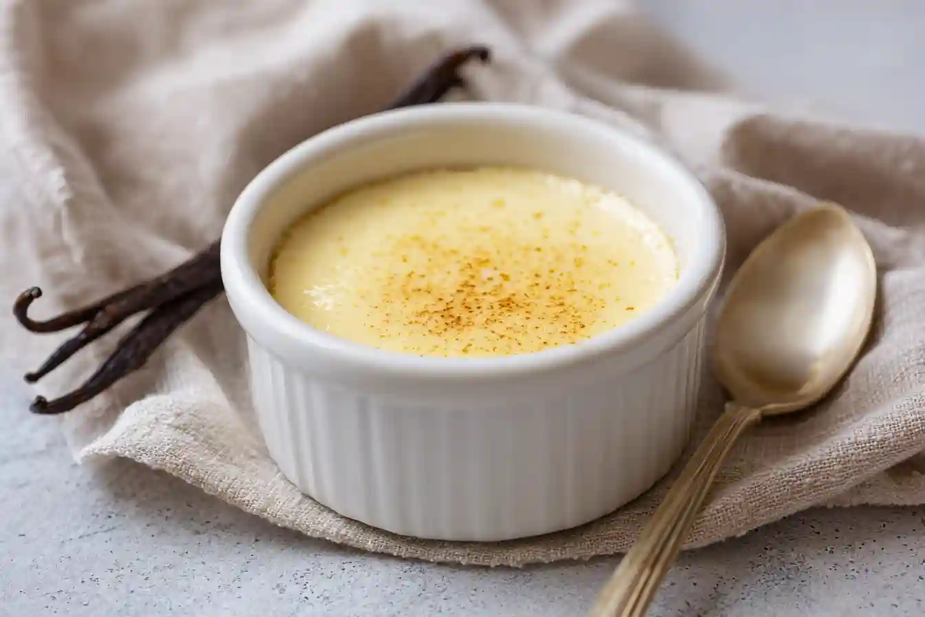 Flan vanille maison crémeux dans un ramequin blanc