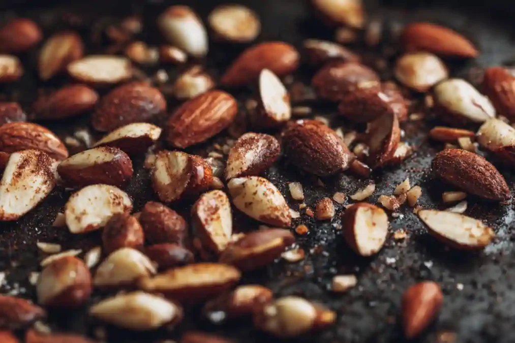 Noisettes et amandes torréfiées sur une plaque de cuisson