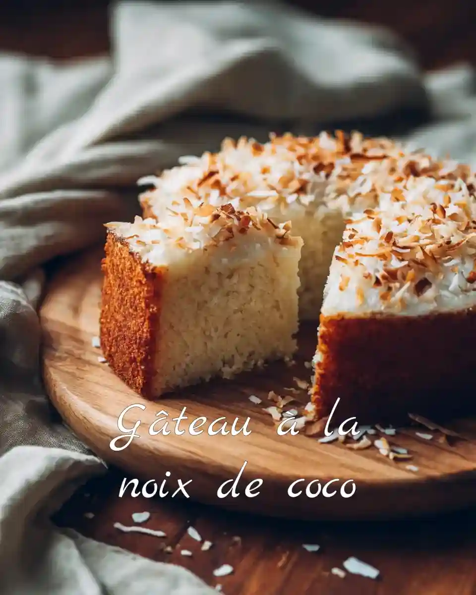 Gâteau à la noix de coco moelleux sur table en bois