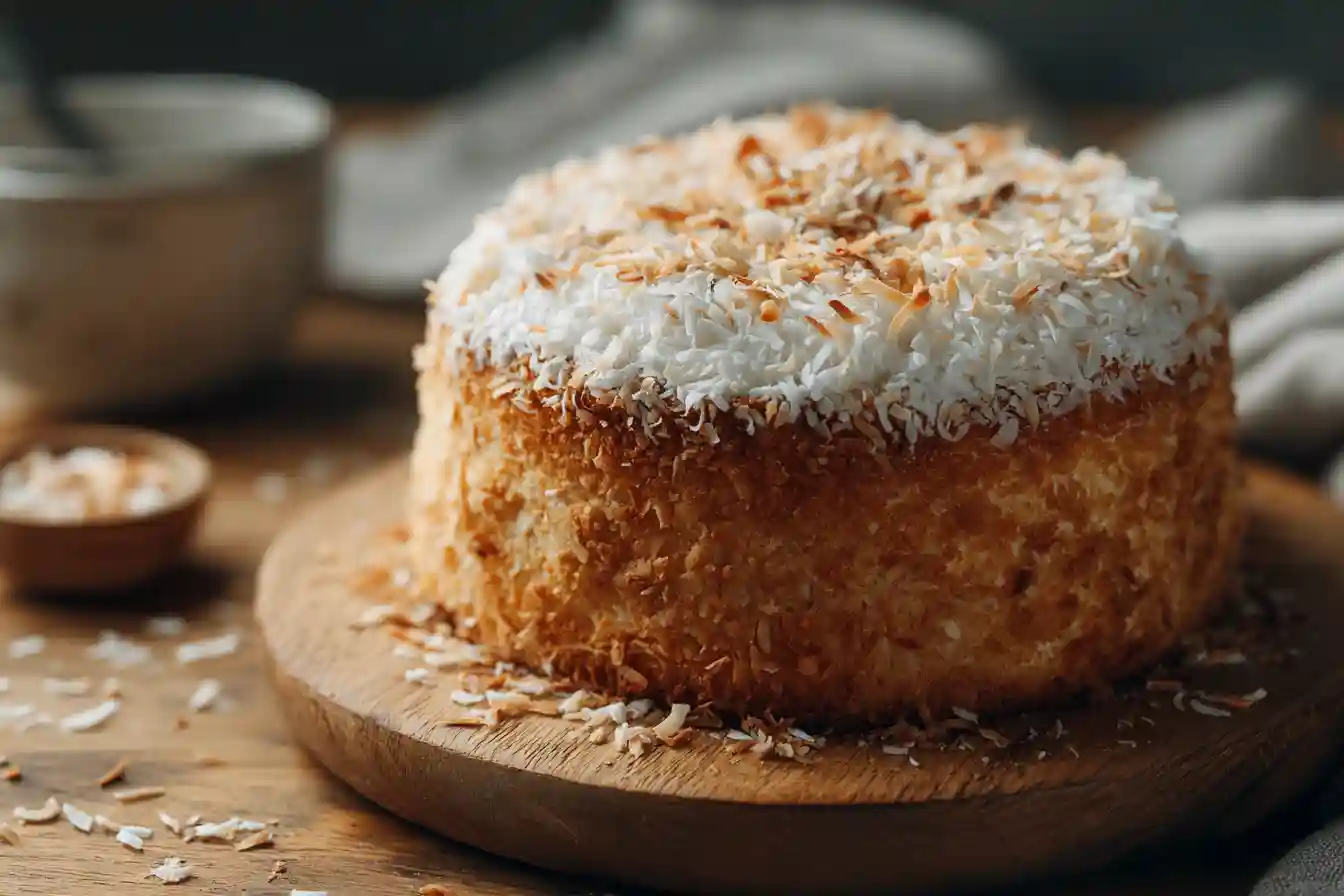 Gâteau à la noix de coco moelleux sur table en bois