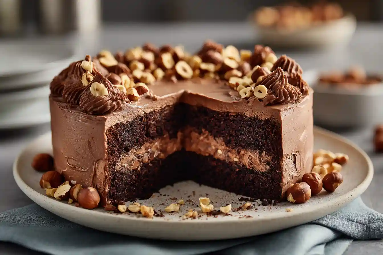 Gâteau au Nutella au chocolat avec crème au beurre et noisettes torréfiées
