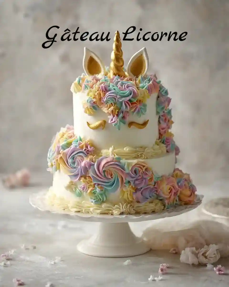Gâteau licorne à étages décoré de crème au beurre pastel pour anniversaire enfant