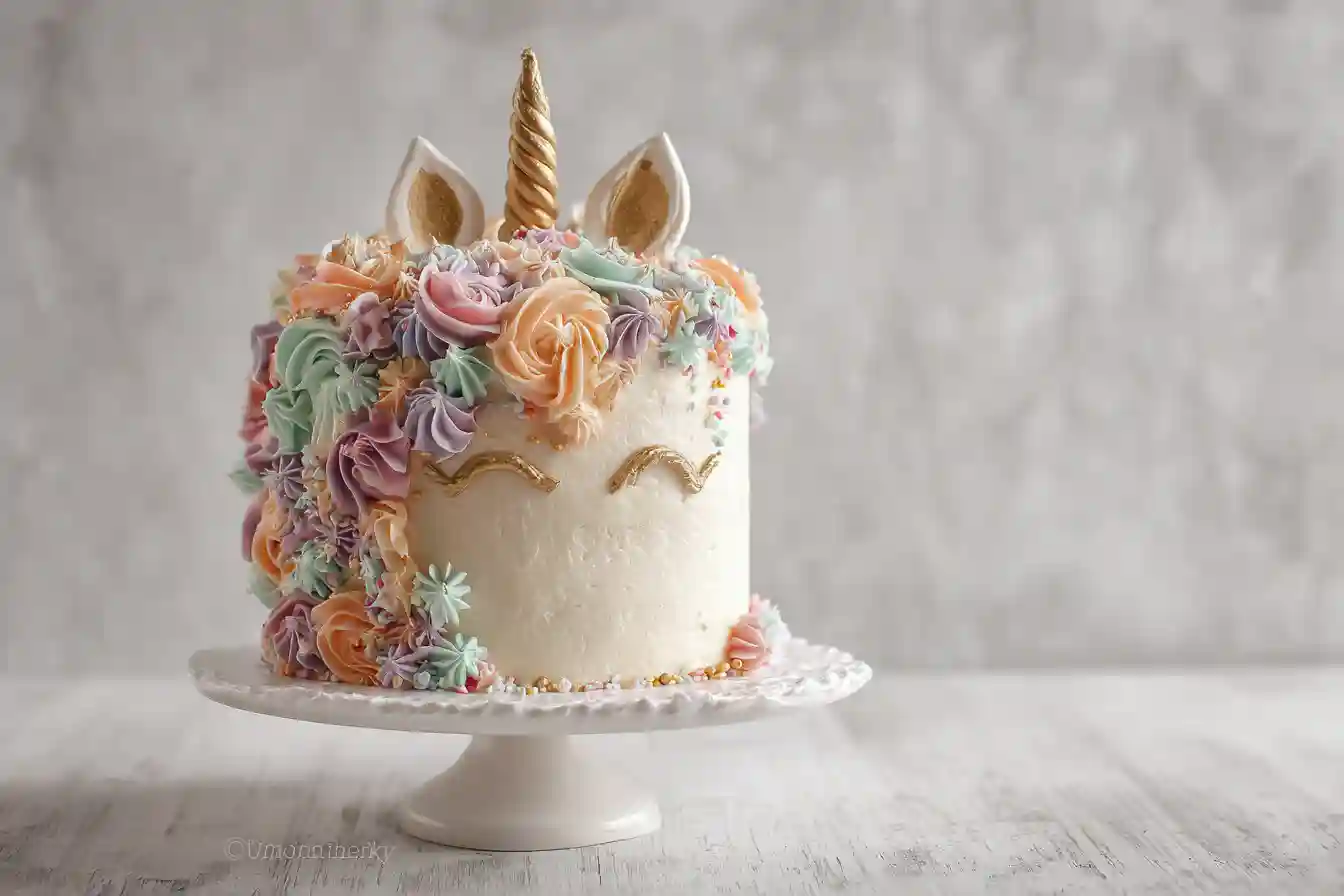 Gâteau licorne à étages décoré de crème au beurre pastel pour anniversaire enfant