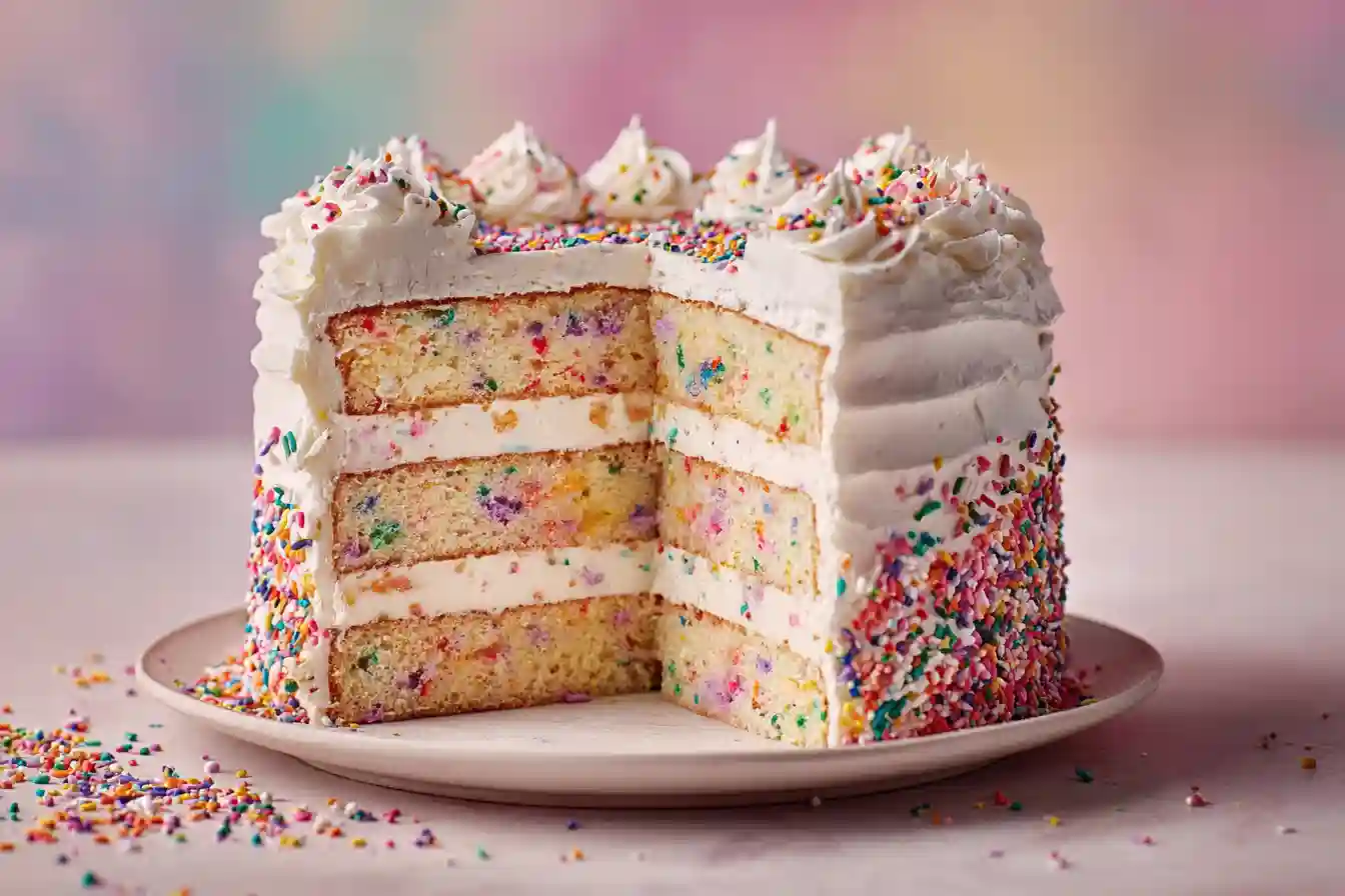 Layer cake anniversaire décoré avec des sprinkles