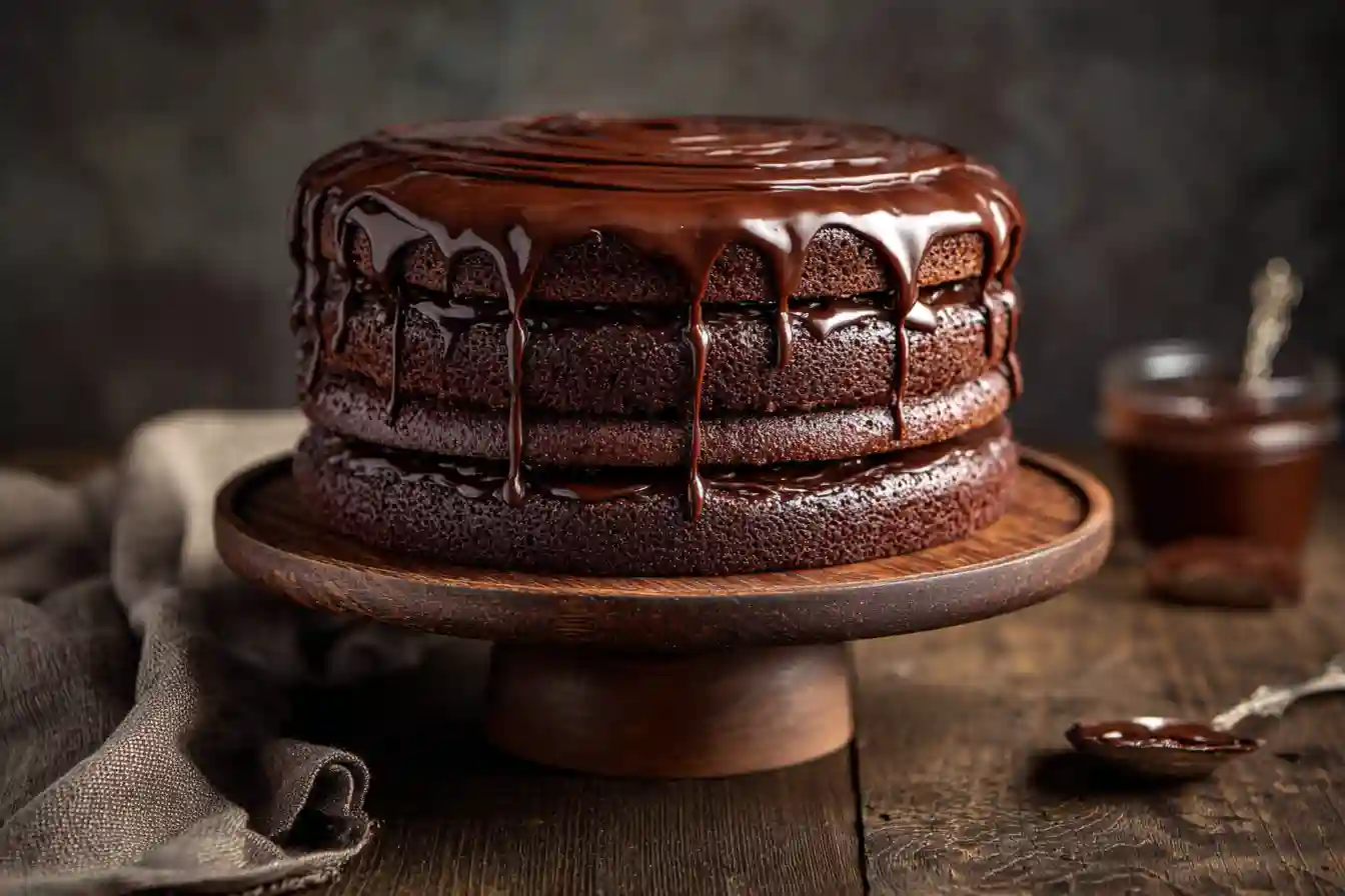 Layer cake chocolat décoré avec ganache lisse