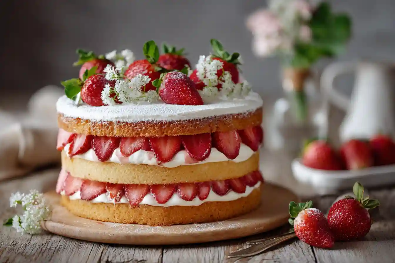 Layer cake fraise décoré de fraises fraîches