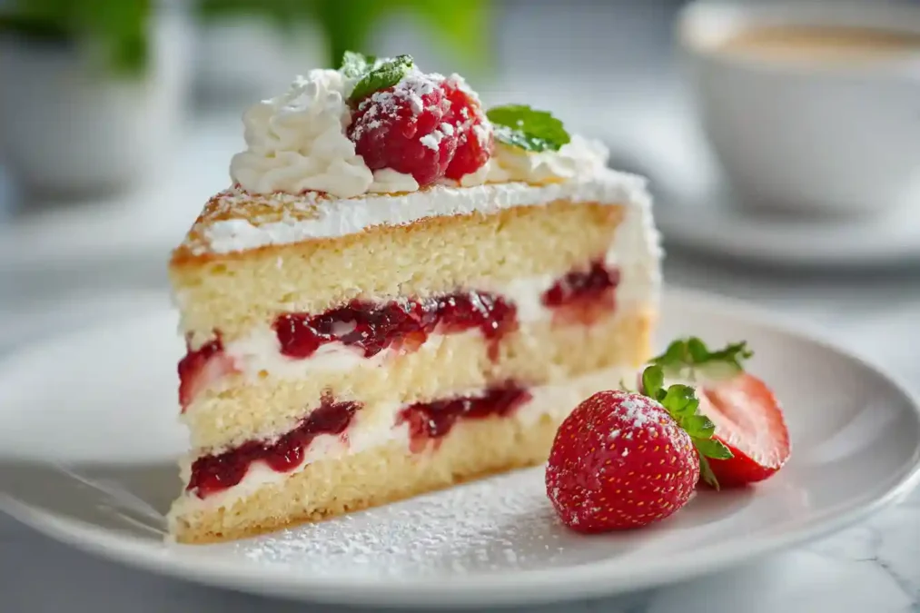 Coupe d’une génoise layer cake légère, fraises et crème fouettée