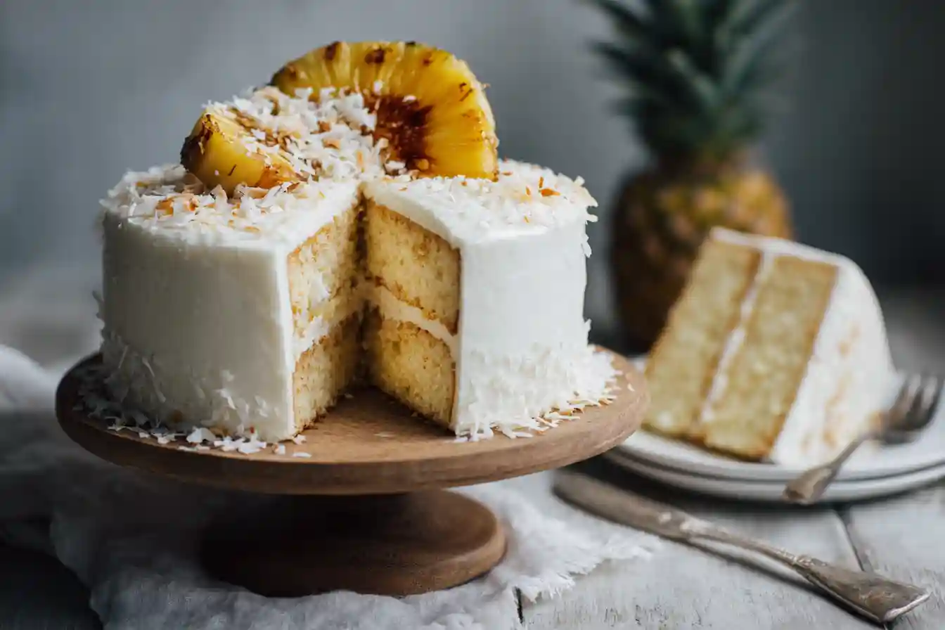 Layer cake exotique avec coco et ananas rôti