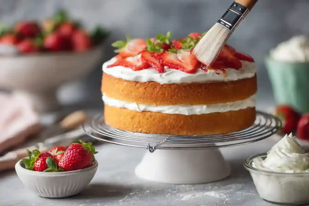 Montage du layer cake avec génoise imbibée, fraises et crème fouettée