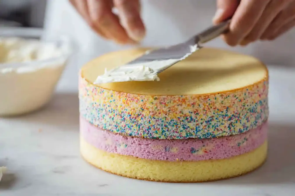Montage d’un gâteau licorne avec crème au beurre