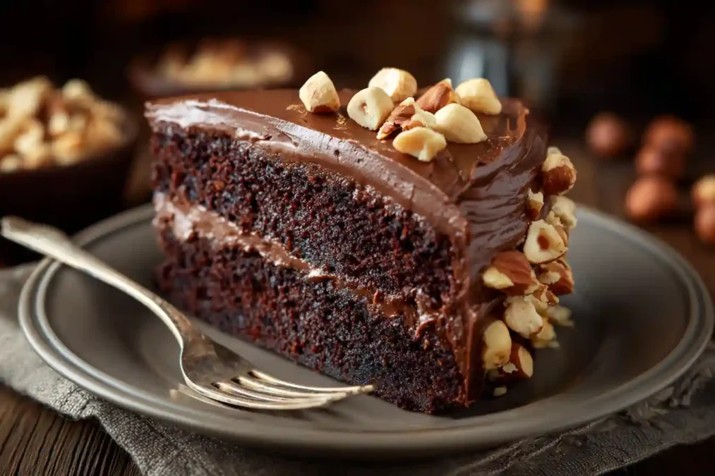 Part de gâteau au Nutella moelleux avec glaçage crémeux
