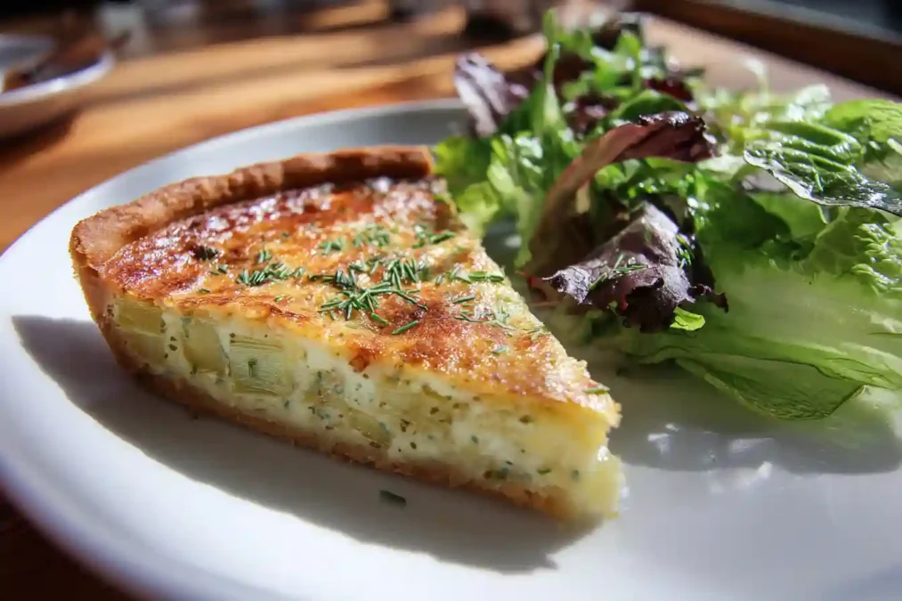 Part de tarte aux poireaux et parmesan servie chaude