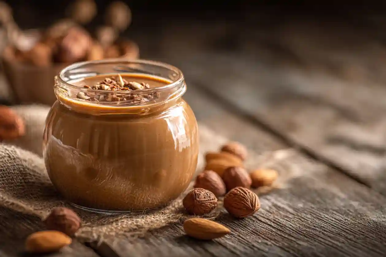 Praliné maison dans un pot en verre avec pâte lisse et brillante