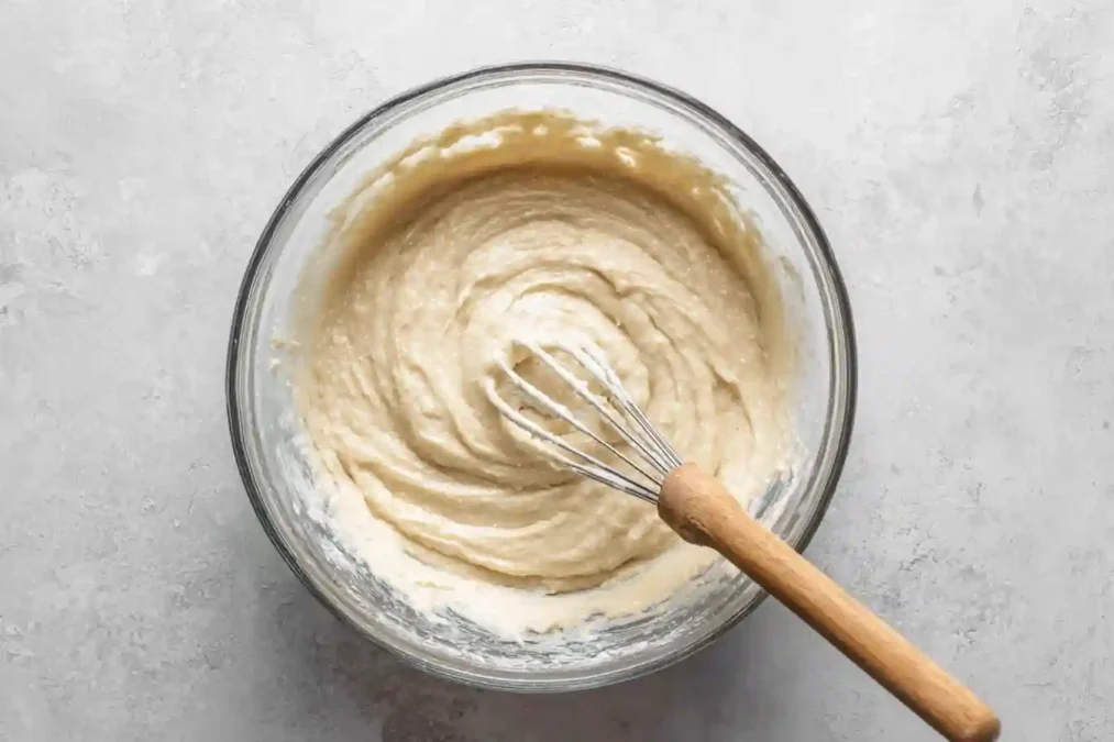 Pâte de gâteau à la noix de coco mélangée dans un saladier