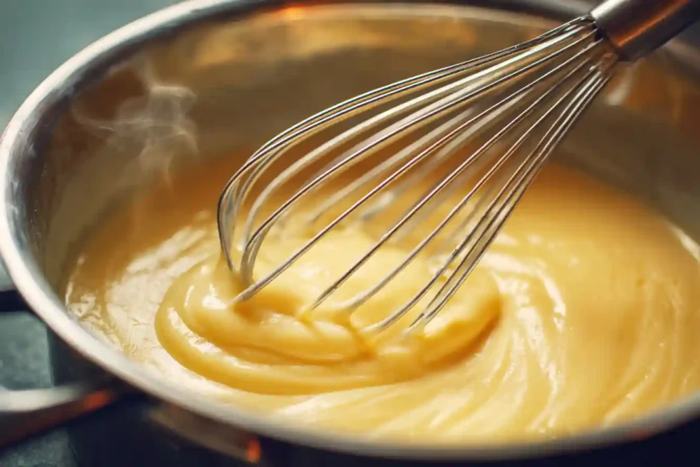 Préparation du flan vanille en casserole avec fouet
