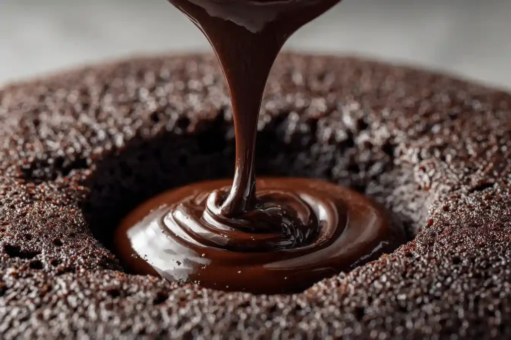 Sauce chocolat versée dans les trous du gâteau qui pleure