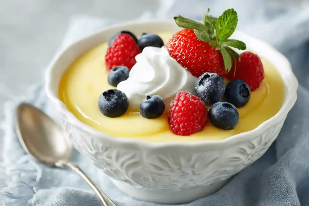 Flan vanille servi avec chantilly et fruits rouges