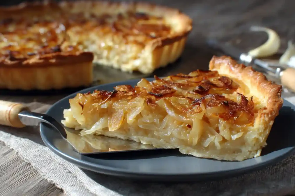 part de tarte aux oignons caramélisés servie