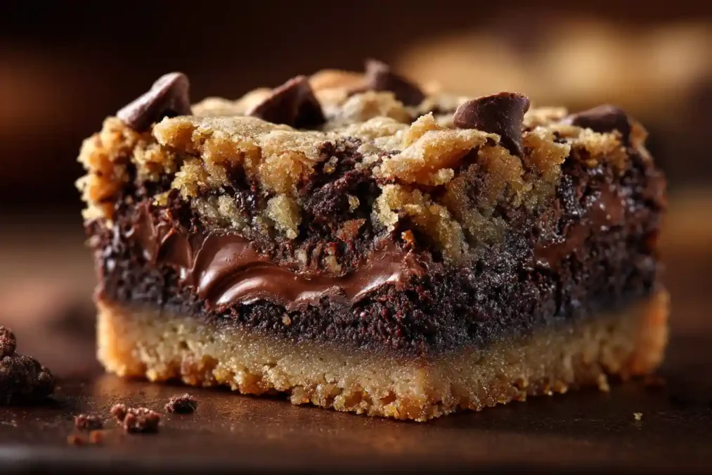 Intérieur d’un brookie fondant avec brownie et cookie