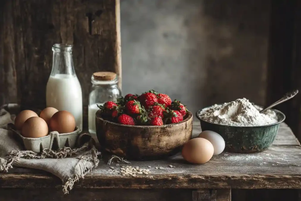 Ingrédients frais pour la recette du fraisier sur une table en bois