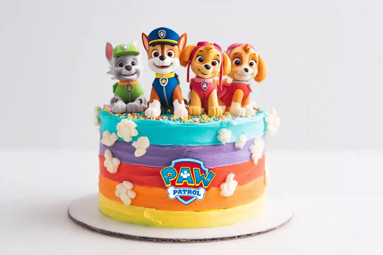Gâteau Pat Patrouille coloré avec figurines pour anniversaire enfant