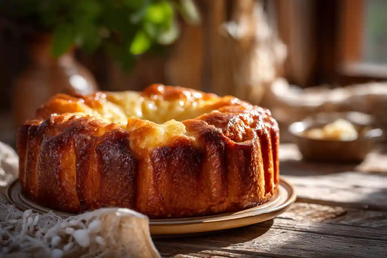 Gâteau de ménage franc-comtois doré sur une table en bois rustique
