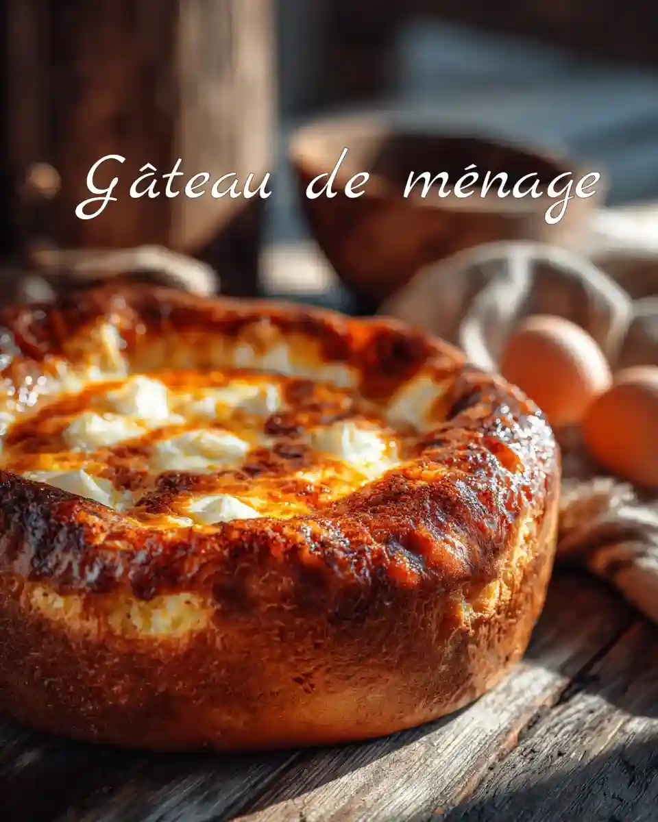 Gâteau de ménage franc-comtois doré sur une table en bois rustique