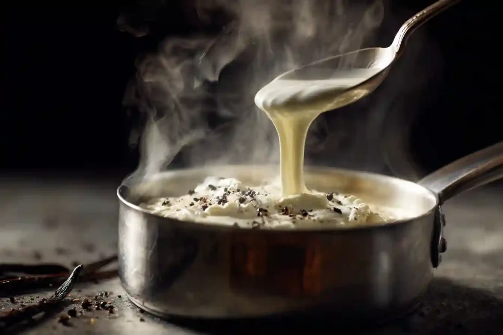 Crème liquide et grains de vanille dans une casserole