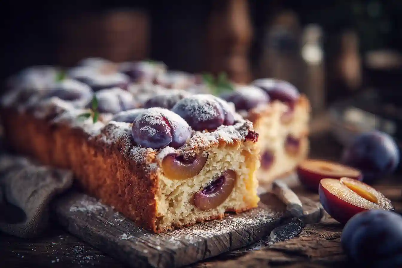 Gâteau Kolac aux prunes saupoudré de sucre glace sur une table en bois.
