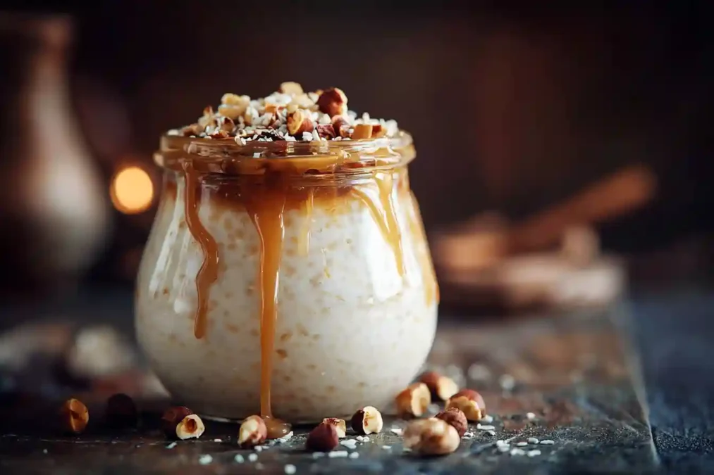 Riz au lait servi avec du caramel au beurre salé