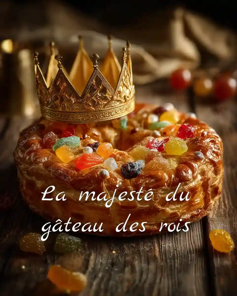 Gâteau des rois provençal avec fruits confits et couronne dorée sur une table en bois