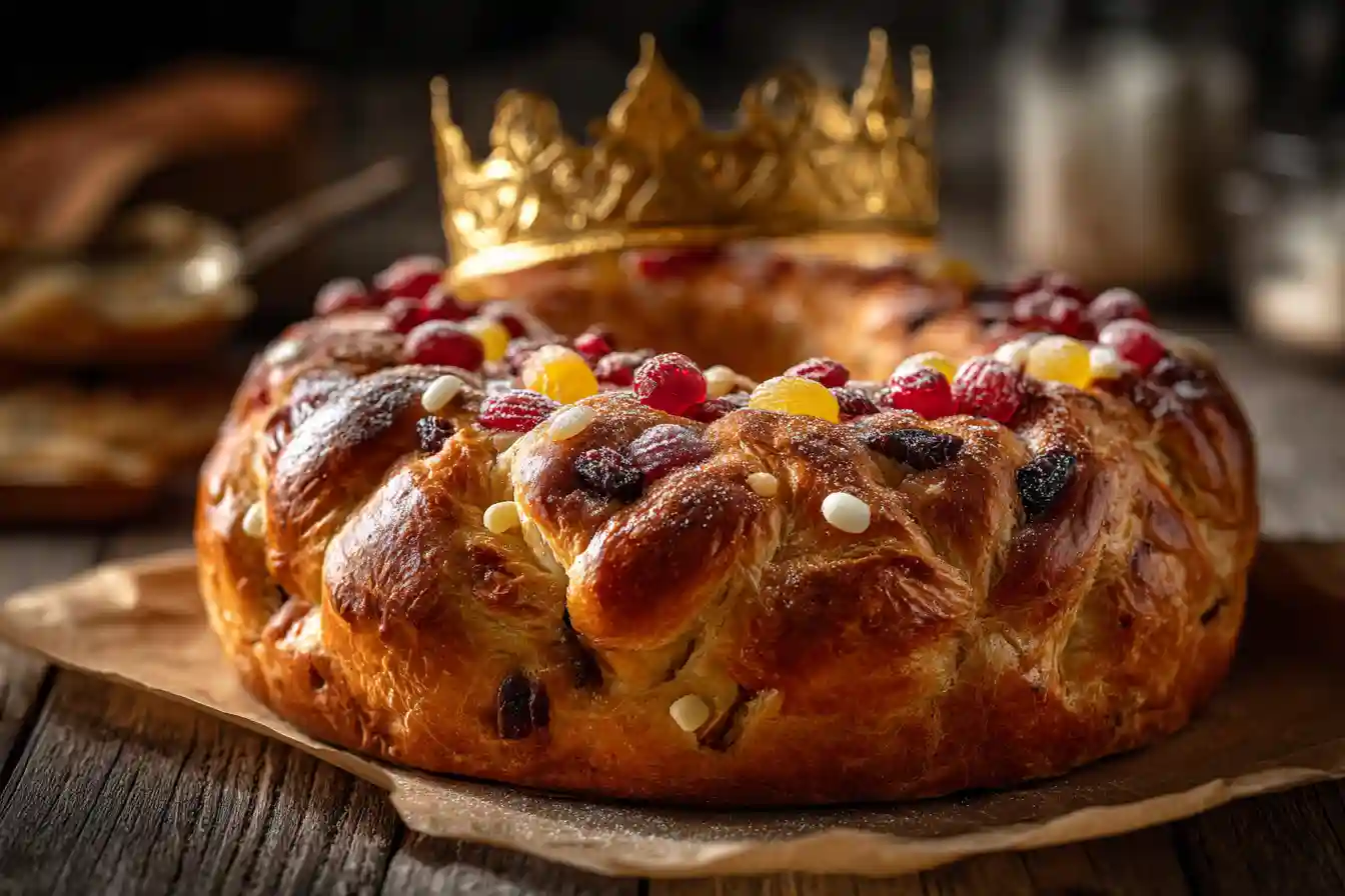 Gâteau des rois provençal avec fruits confits et couronne dorée sur une table en bois