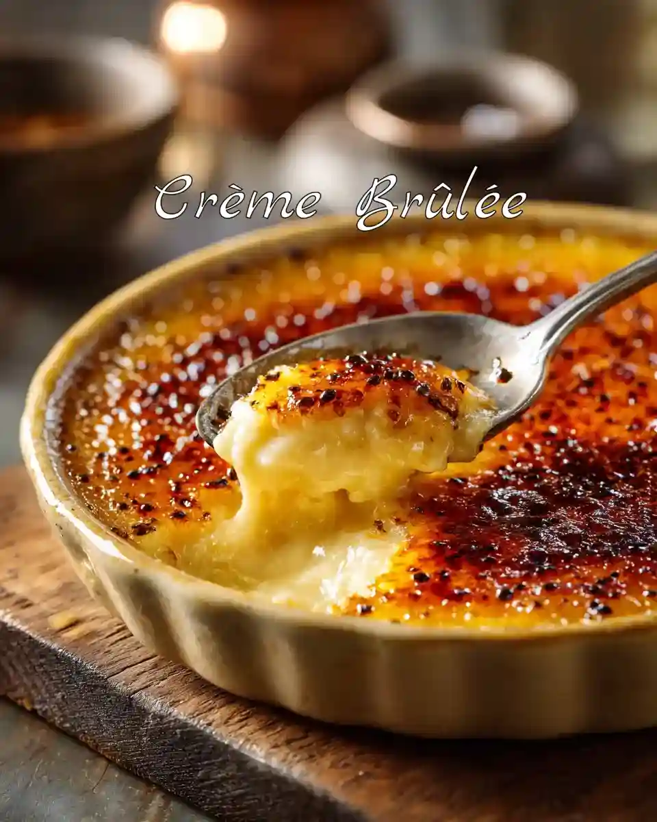 Gros plan d'une cuillère cassant la croûte caramélisée d'une crème brûlée