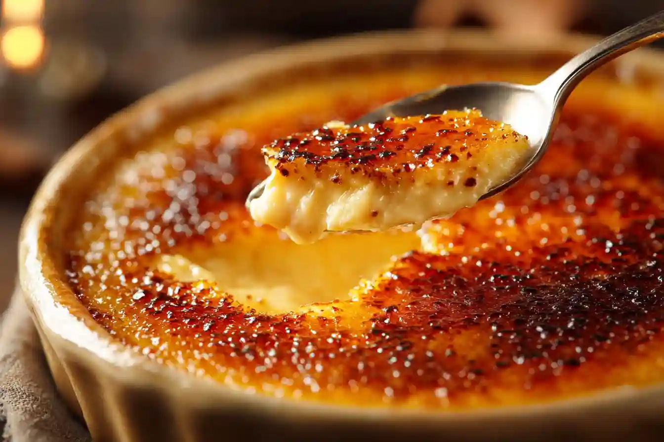 Gros plan d'une cuillère cassant la croûte caramélisée d'une crème brûlée