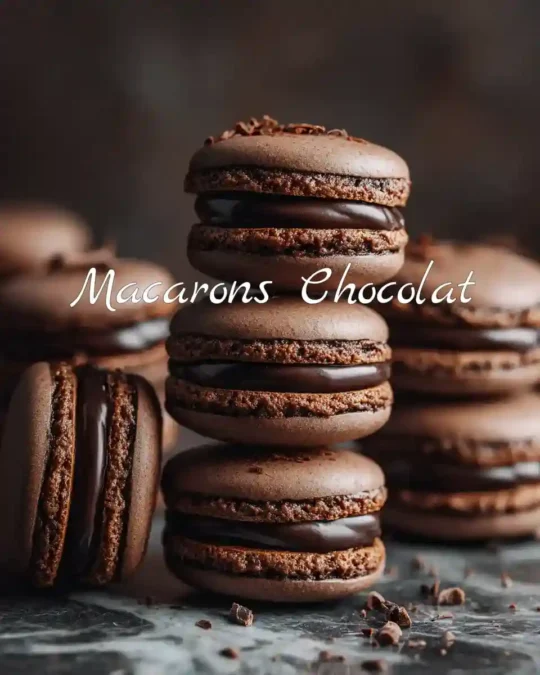 Recette Macaron au chocolat noir brillant sur un plan de travail en marbre
