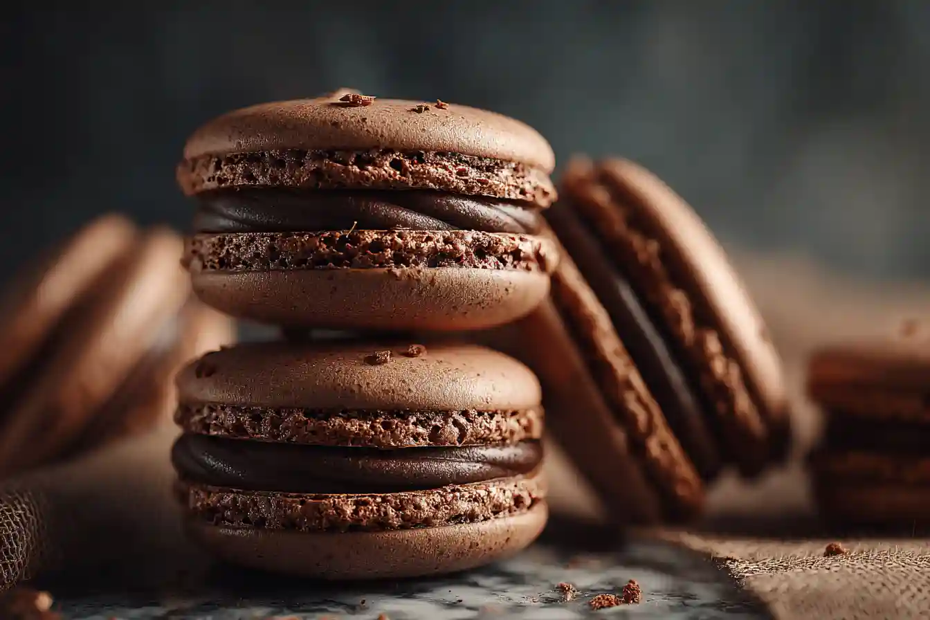 Macarons au chocolat noir brillant sur un plan de travail en marbre