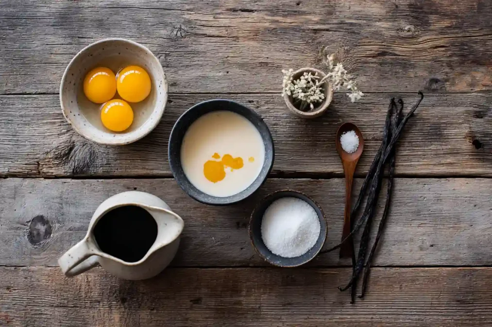Ingrédients frais pour préparer une crème brûlée : œufs, crème et vanille