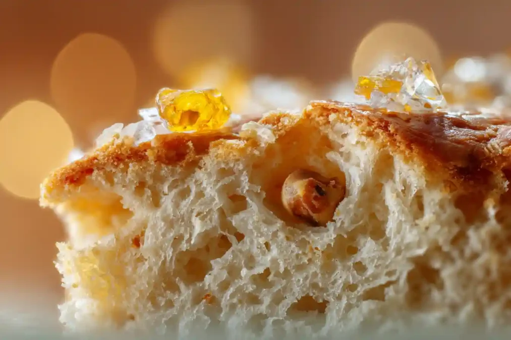 Tranche de gâteau des rois révélant une mie aérée et une fève cachée