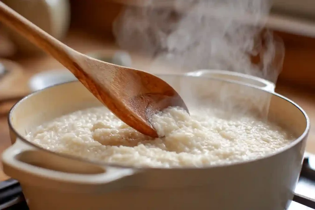 Cuisson lente du riz au lait dans une casserole en fonte
