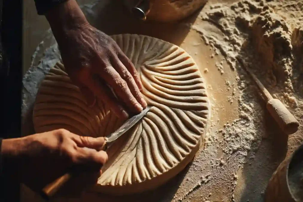 Dessin des rayures sur la pâte d'un pithiviers gâteau avant cuisson