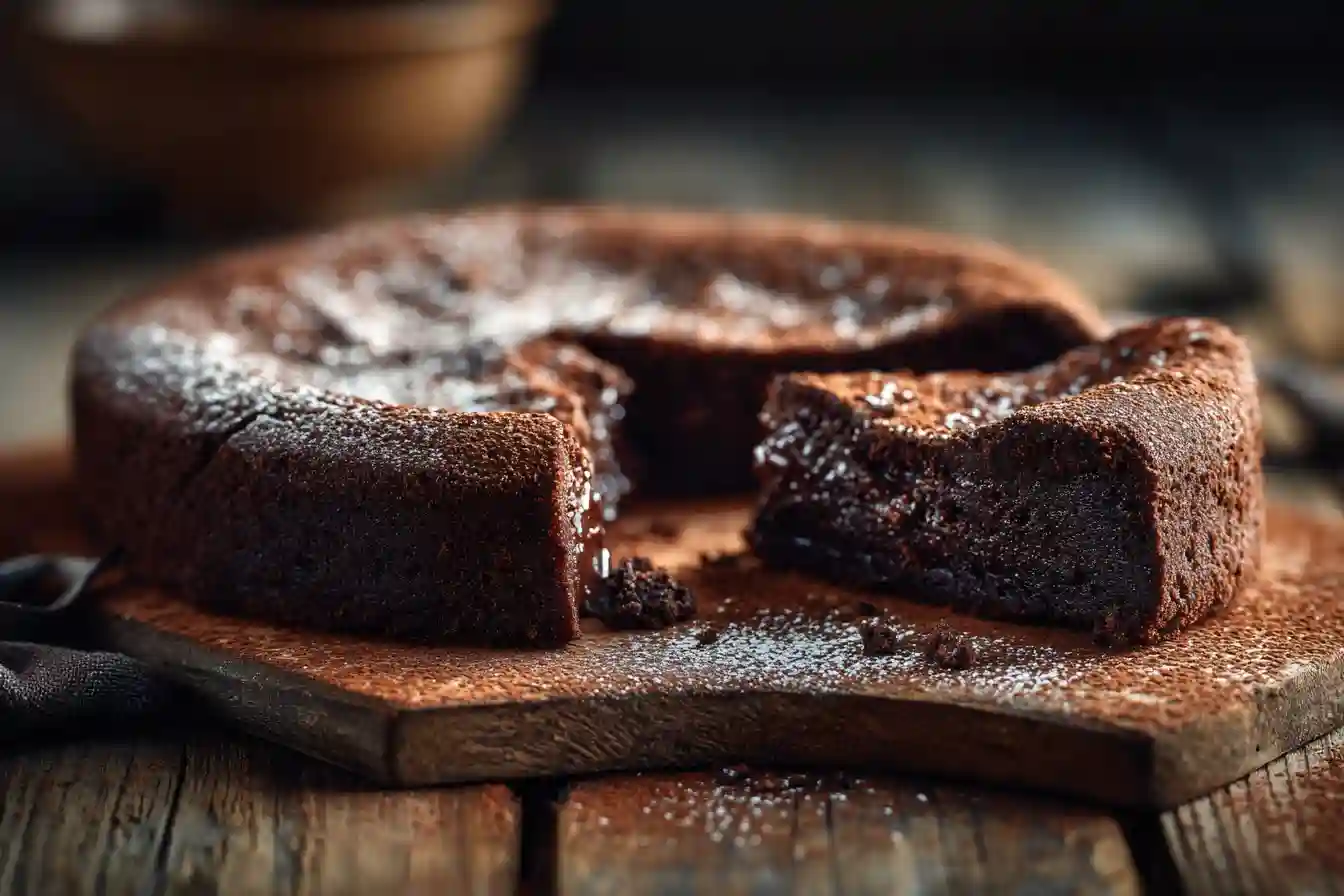 Gâteau moelleux au chocolat avec une part coupée sur une table en bois