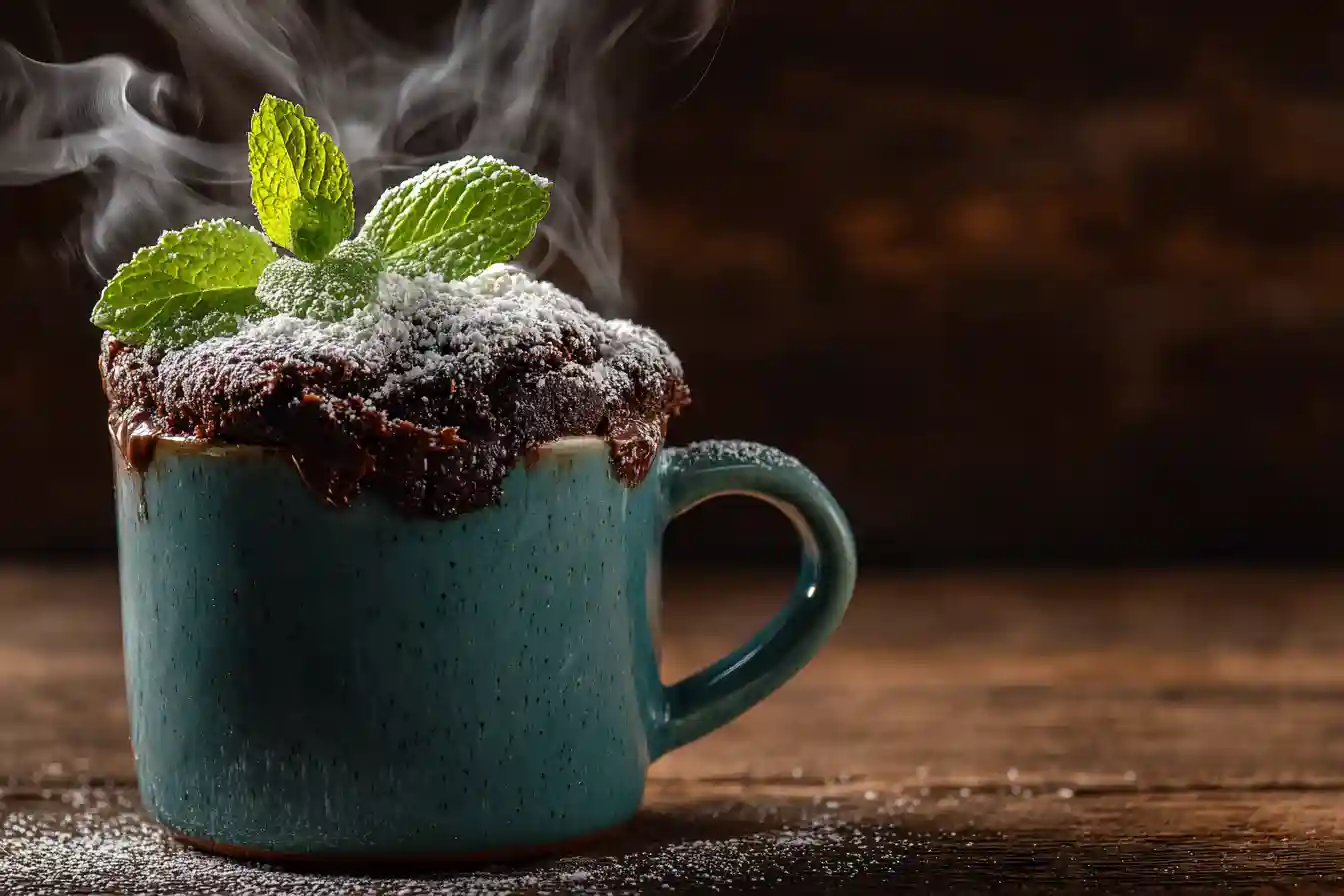 Mug cake Nutella fondant avec sucre glace sur une table en bois