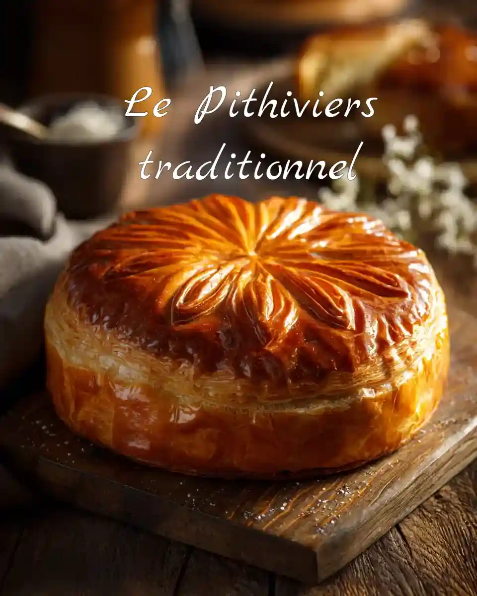 Gâteau Pithiviers feuilleté doré avec motif de rosace