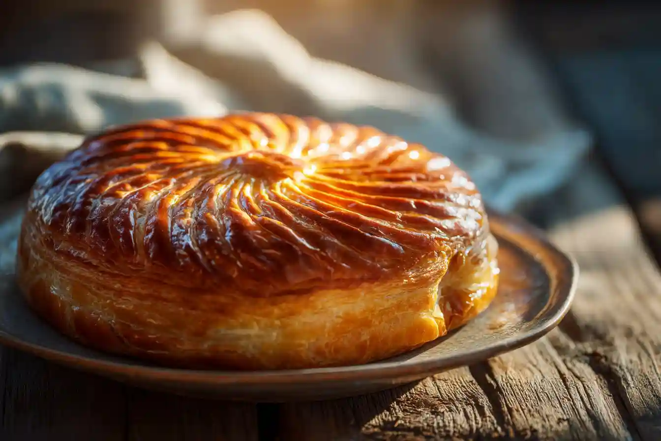 Gâteau Pithiviers feuilleté doré avec motif de rosace