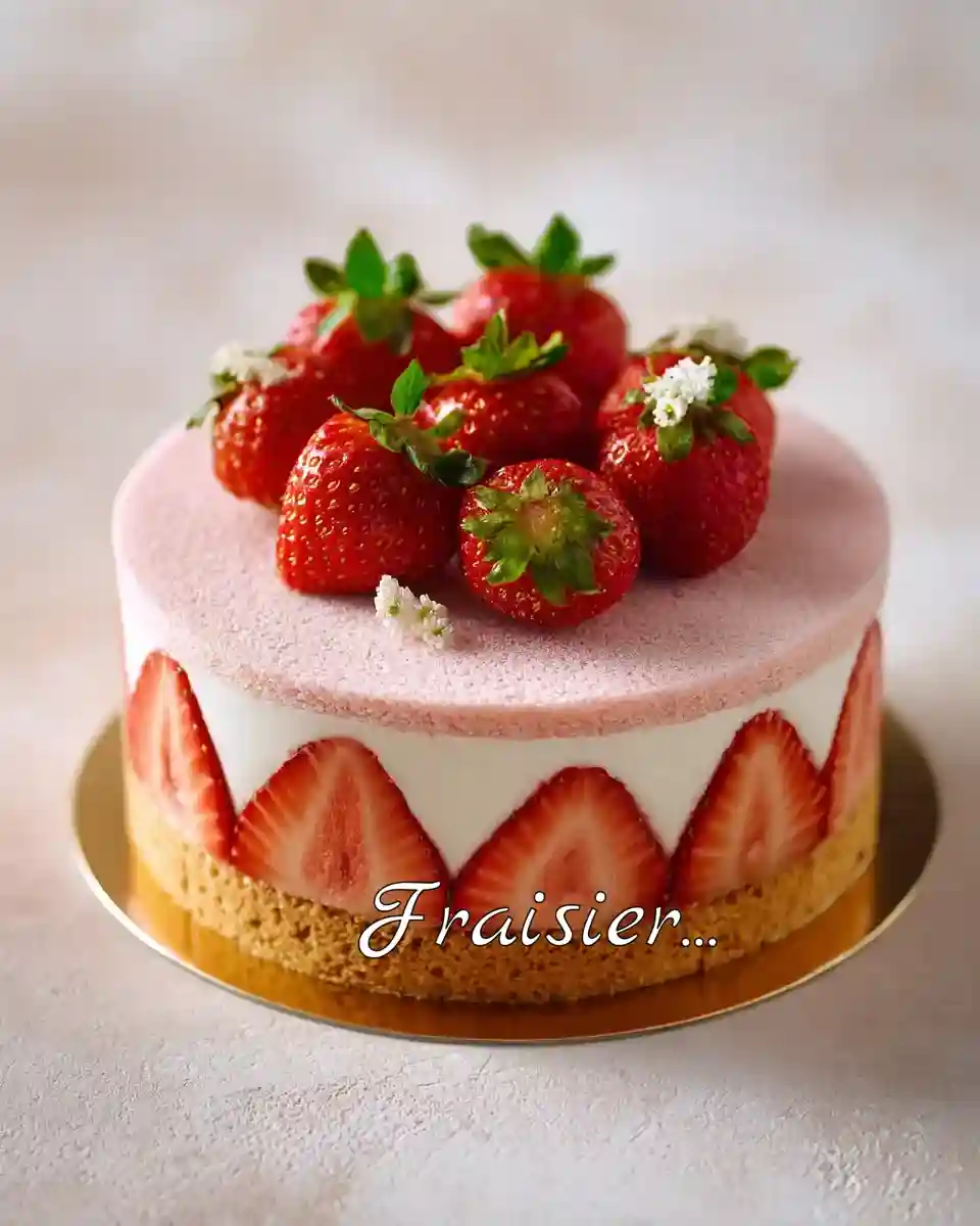Fraisier traditionnel décoré de fraises fraîches et pâte d'amande rose