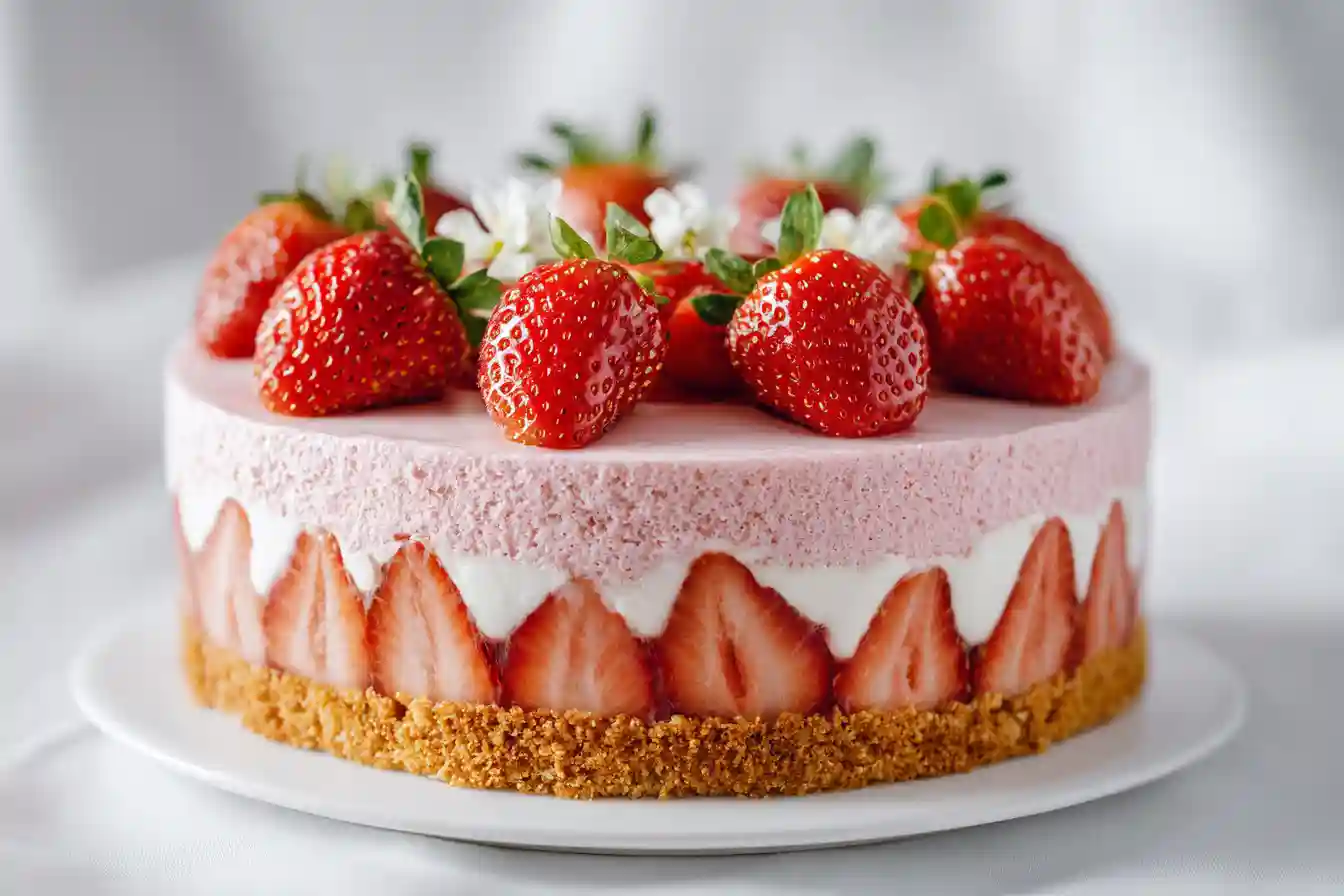 Fraisier traditionnel décoré de fraises fraîches et pâte d'amande rose