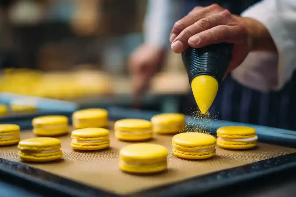 Pochage de la pâte à macarons jaune sur une plaque de cuisson