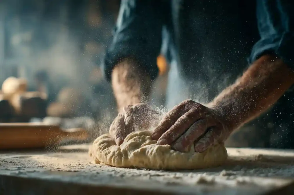 Mains d'un boulanger pétrissant la pâte à brioche pour le gâteau des rois