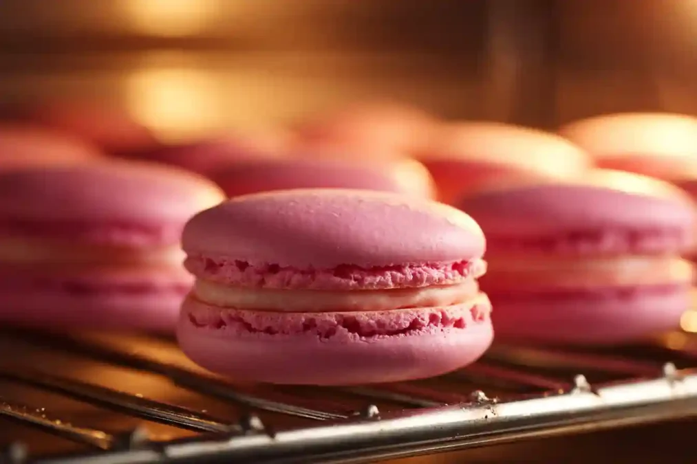 Gros plan de la collerette d'un Macaron aux Framboises rose en cuisson